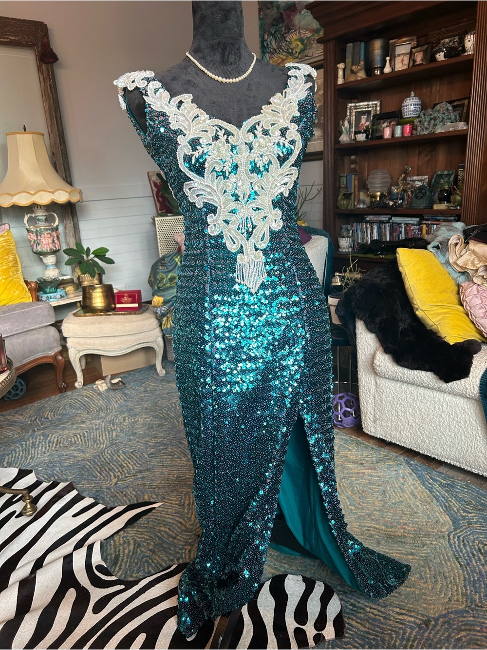 Teal Sequin Vintage Evening Gown with Ivory Applique